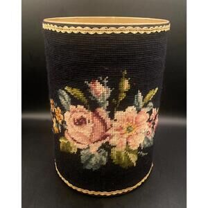 Vintage Needlepoint Floral Wastebasket Black Petit Point Rose Boudoir 10.5”